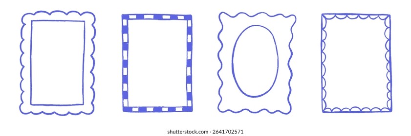 Wavy edge and checkerboard frame box vector illustration isolated on white. Squiggle curve doodle rectangle and oval sketch.