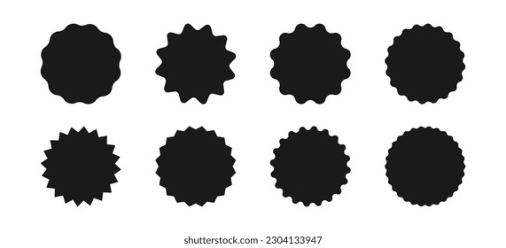 Wavy edge circle sticker. Star burst shape tags for price. Blank sale round sticker. Empty promo badge. Simple circle wax seal silhouette. Vector illustrations set isolated on white background.