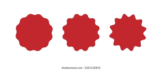 Wavy edge circle sticker. Star burst shape tags for price. Blank sale round sticker. Empty promo badge. Simple circle red wax seal. Vector illustrations set isolated on white background.