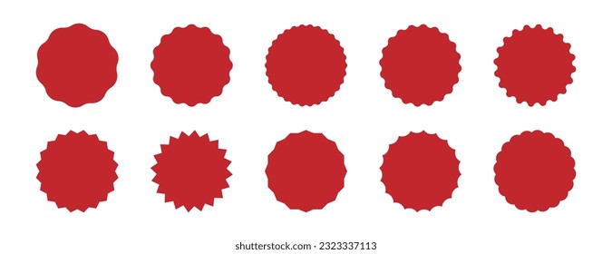 Wavy edge circle sticker. Star burst shape tags for price. Blank sale round sticker. Empty promo badge. Simple circle red wax seal. Vector illustrations set isolated on white background.