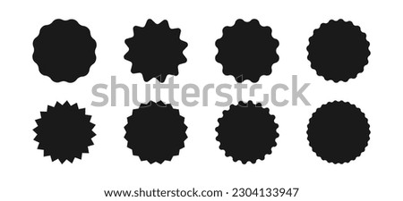 Wavy edge circle sticker. Star burst shape tags for price. Blank sale round sticker. Empty promo badge. Simple circle wax seal silhouette. Vector illustrations set isolated on white background. Foto stock © 