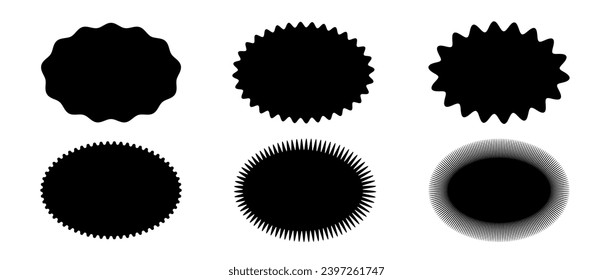 Wavy edge ellipse shape collection. Jagged zig zag oval elements set. Black graphic design elements for decoration, banner, poster, template, sticker, badge, label, tag, emblem. Vector bundle