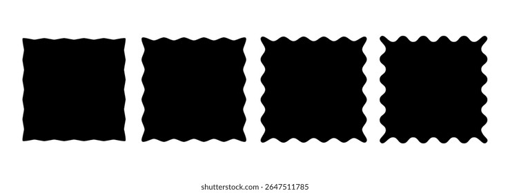 Wavy edge frames. Black vector stamp or sticker boxes. Wiggly photo frame borders. Set of square curvy serrated rectangles. Squiggle wiggle square designs. Corrugated edge sale badge bg illustration