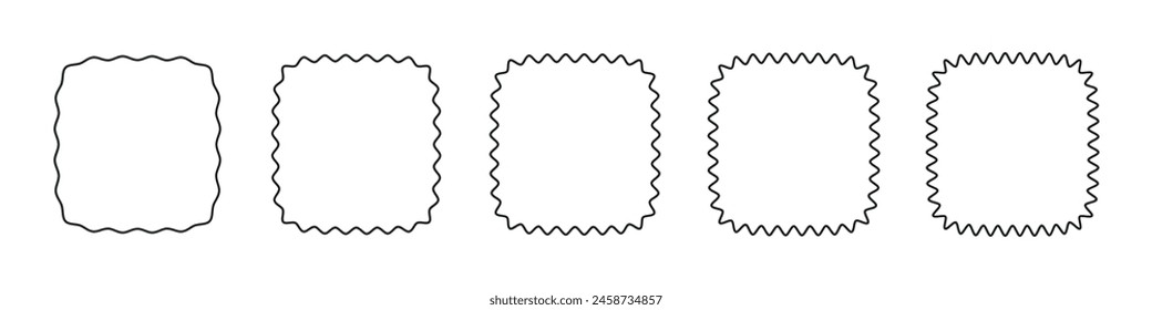 Wavy edge frames scalloped borders , rectangle and square box. Squiggle waves border. Flat vector illustration isolated on white background.