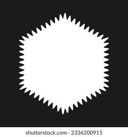 Wavy edge hexagon shape border frame. An empty white hexagonal outline with jagged edges on a black background.