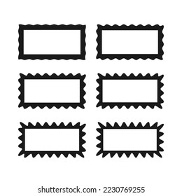 Wavy edge hollow rectangle stroke shapes. A group of 6 rectangular symbols with jagged outside edges. Isolated on a white background.