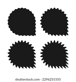 Wavy edge, one corner circle icons. A group of 4 circular shapes with a single squared corner and jagged edges. Isolated on a white background.