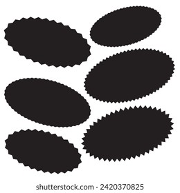 Wavy edge oval shapes icon set. A group of 6 ovals with jagged edges. Isolated on a white background.