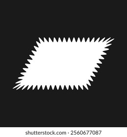 Wavy edge parallelogram shape, border frame. An empty white squared outline with jagged edges on a black background.