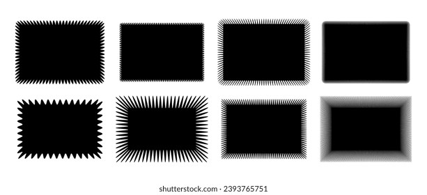 Wavy edge rectangle shape collection. Jagged rectangular form set. Black zig zag graphic design element pack for banner, poster, template, sticker, badge, label, tag, flyer. Vector illustration bundle