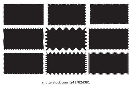 Wavy edge rectangle shapes icon set. A group of 9 rectangular symbols with jagged edges .vector illustration for poster, banner, social media template.