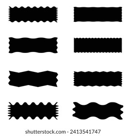 Wavy edge rectangular button icon set. A group of 8 rectangle symbols with jagged edges. Isolated on a white background.