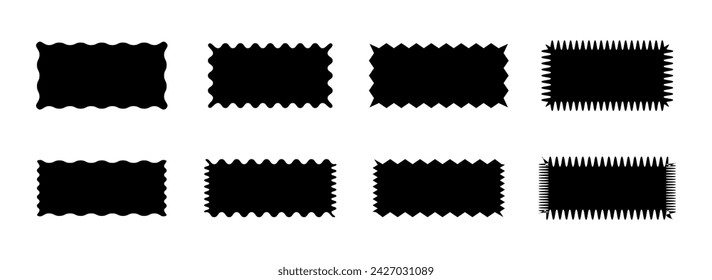 Wavy Edge rectangular shapes set. Jagged black rectangular design elements set for decoration, banner, poster, template, sticker, badge. Isolated