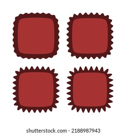 Wavy edge red squircle stroke icons. A group of 4 squared shapes with dark, jagged edges. Isolated on a white background.