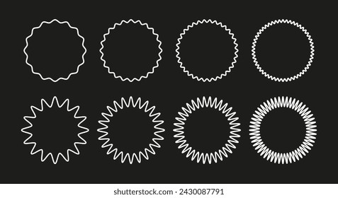 	
Wavy edge round line frame. Linear zigzag badges collection. White wiggly circles 