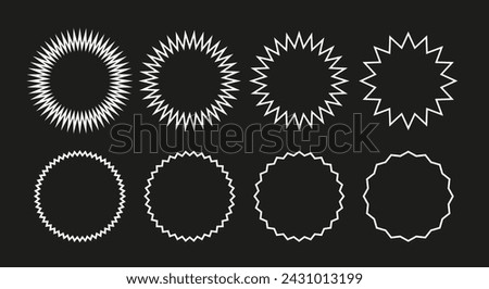 	
Wavy edge round line frame. Linear zigzag badges collection. White wiggly circles 