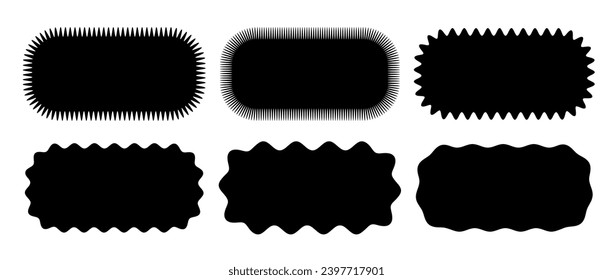 Wavy edge rounded shape collection. Jagged zig zag oval elements set. Black graphic design elements for decoration, banner, poster, template, sticker, badge, label, tag, emblem. Vector bundle