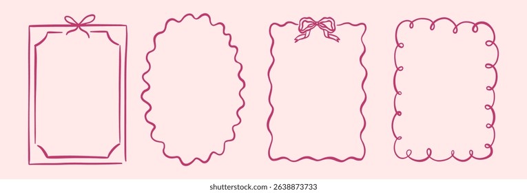 Wavy edge shapes frame box vector illustration isolated on white. Squiggle curve doodle rectangle and oval sketch.