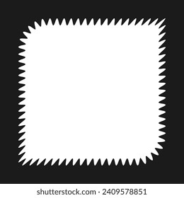 Flügelkantenrahmen mit quadratischem Rand. Eine leere, weiße, quadratische Umrisslinie mit gezackten Kanten auf schwarzem Hintergrund.