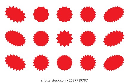 Wavy edge sticker, circle and oval shape. Star burst shape tags for price. Blank sale round sticker. Empty promo badge.