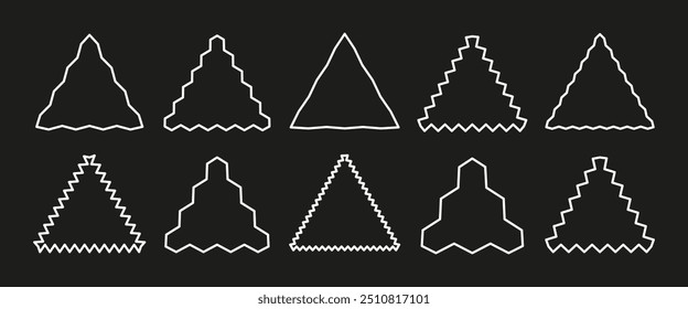 Wavy edge triangle line frame. Linear zigzag badges collection