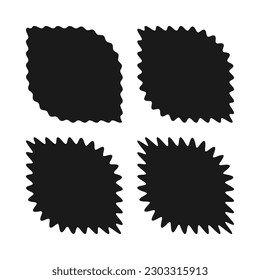 Borde ondulado, hojas de círculo de dos esquinas. Un grupo de 4 formas circulares con 2 esquinas cuadradas y bordes dentados. Aislado sobre un fondo blanco.