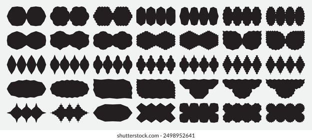 Wavy edges trendy geometric shapes collection. Black brutalist forms with curvy and jagged borders. 