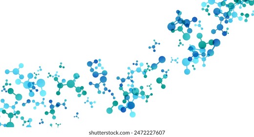 Wavy effect with molecules, data or other tech structure elements. Pharmacy, biotechnology or chemistry design concept. Vector decoration element in green and blue colors