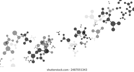 Wavy effect with molecules, data or other tech structure elements. Pharmacy, biotechnology or chemistry design concept. Vector decoration element in gray colors