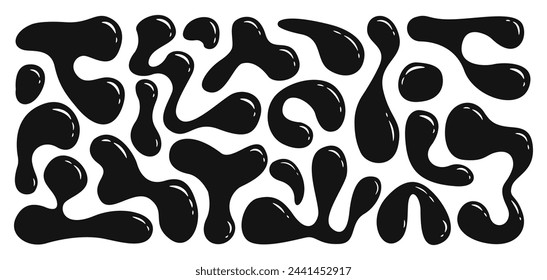 Wavy elements bubbles and drops in trendy y2k style in black and white colors. Liquid abstract organic blob shapes. Vector illustrations isolated on white background