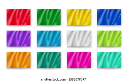Wavy fabric mockups set with copy space. Realistic colorful banners for advertising or announcement. Blank rectangular flag template on white background. Horizontal branding object vector illustration