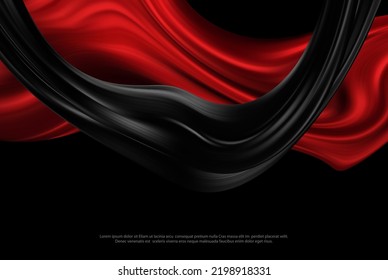 Wavy fabric in red and black. Abstract luxury background. Draped silky textile. Decoration for the design of posters, banners, placards, web design.