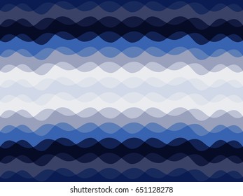 Wavy fabric ripple vector pattern in dark blue, grey and white colors. Cure lines, horizontal waves, stripes background illustration. Wrapping paper, textile, print, cover backdrop.