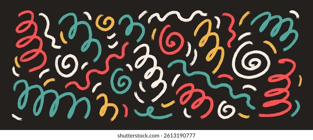 Wavy festive lines wax crayon drawn. Scribbles loosely drawn background. Waves and spiralized confetti swirls. Folk decorations on dark holiday bd. Brightly colored hand drawn vector illustration.