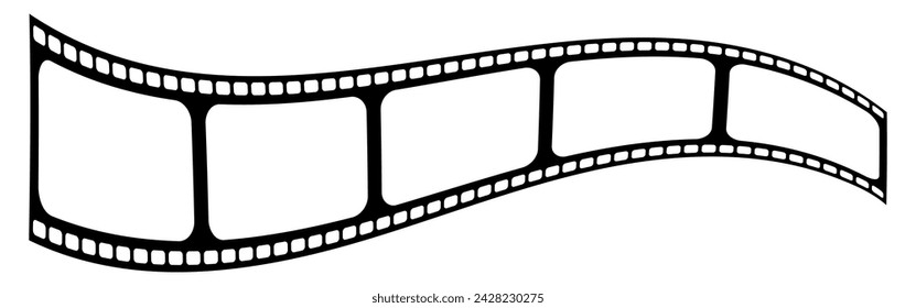 Wavy film with empty frames for your content. Reel, tape, movie, cinema, filming, director, cinematography, video, filmstrip, negative, retro, recording, vintage, celluloid, cinefilm. Vector