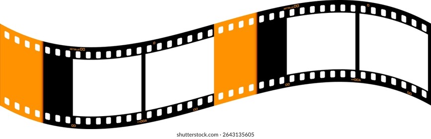 Wavy film strip frame in black and orange with blank photo spaces. Dynamic curved design for vintage photography, creative projects, and nostalgic visuals. Vector EPS 10