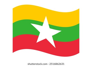 Wellenförmige Flagge von Myanmar einzeln auf transparentem Hintergrund. Flagge der Republik der Union von Myanmar. Vektorgrafik.