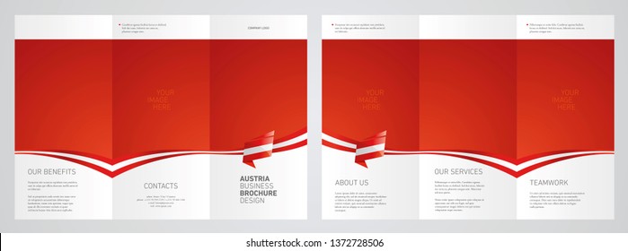 Wavy flag and ribbon of Austria three fold brochure modern design red abstract background