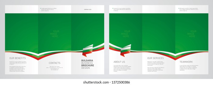 Wavy flag and ribbon of Bulgaria three fold brochure modern design green abstract background