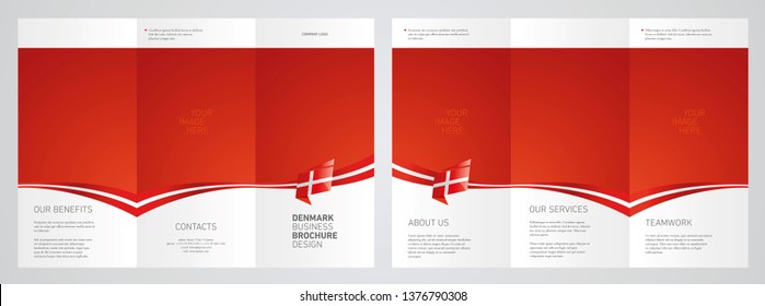 Wavy flag and ribbon of Denmark three fold brochure modern design blue abstract background