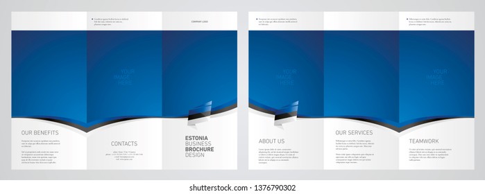 Wavy flag and ribbon of Estonia three fold brochure modern design blue abstract background