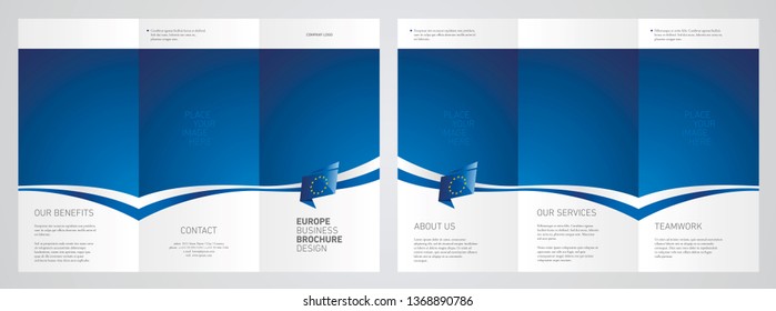 Wavy flag and ribbon of EU Europe three fold brochure modern design blue abstract background