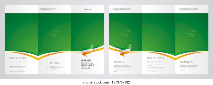 Wavy flag and ribbon of Ireland three fold brochure modern design green abstract background