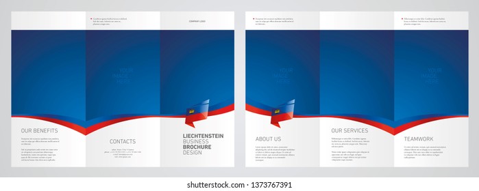 Wavy flag and ribbon of Liechtenstein three fold brochure modern design blue abstract background