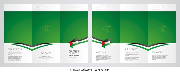 Wavy flag and ribbon of Palestine three fold brochure modern design blue abstract background