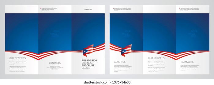 Wavy flag and ribbon of Puerto Rico three fold brochure modern design blue abstract background