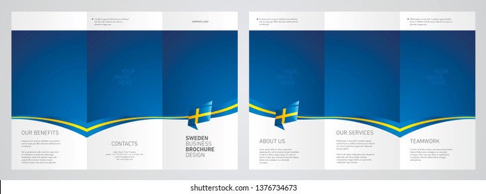 Wavy flag and ribbon of Sweden three fold brochure modern design blue abstract background