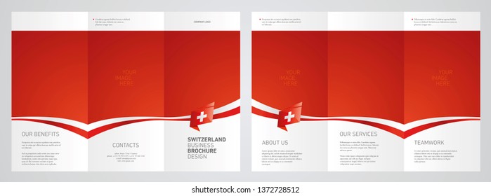 Wavy flag and ribbon of Switzerland three fold brochure modern design red abstract background