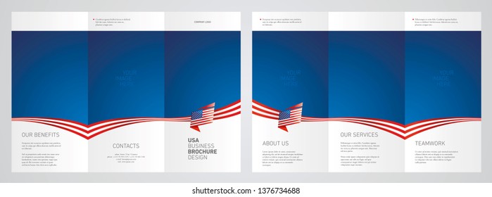 Wavy flag and ribbon of USA three fold brochure modern design blue abstract background