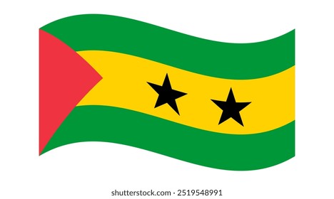 Wavy flag of Sao Tome and Principe, isolated on a transparent background. Flag of the Democratic Republic of Sao Tome and Principe. Vector illustration.